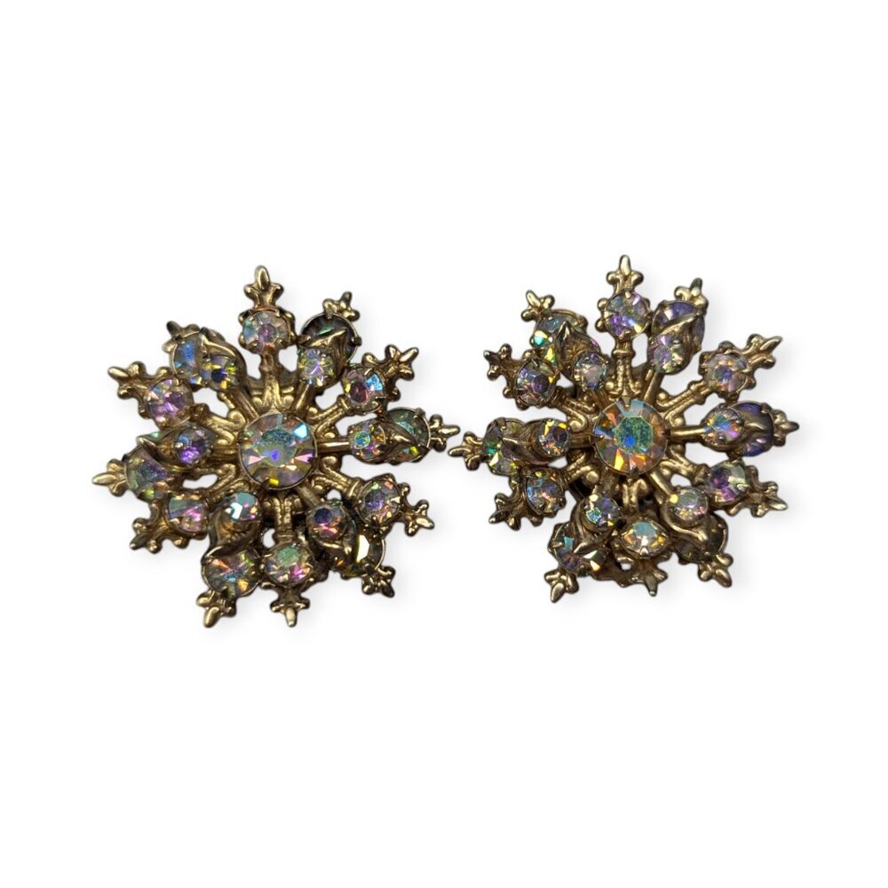 Vintage Aurora Borealis Starburst Clip On Earrings 1" Gold Tone